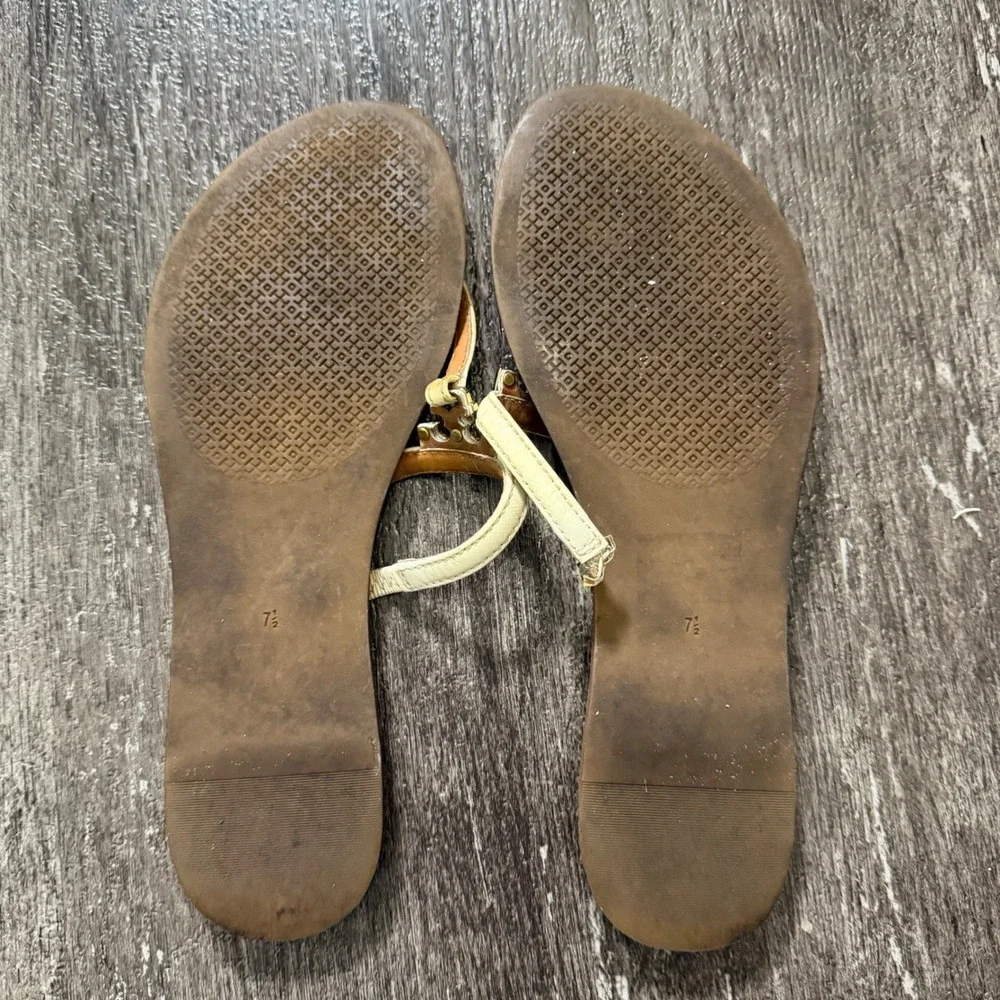 Tory Burch Miller Flip Flops Sandals Women Size 7.5 Cream Beige Gold Logo